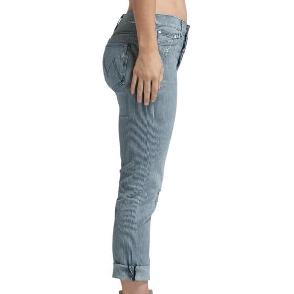 MOTHER The Vagabond Crop Jeans - On The Road Destroy Size 28 Blue white stripe - Picture 3 of 11